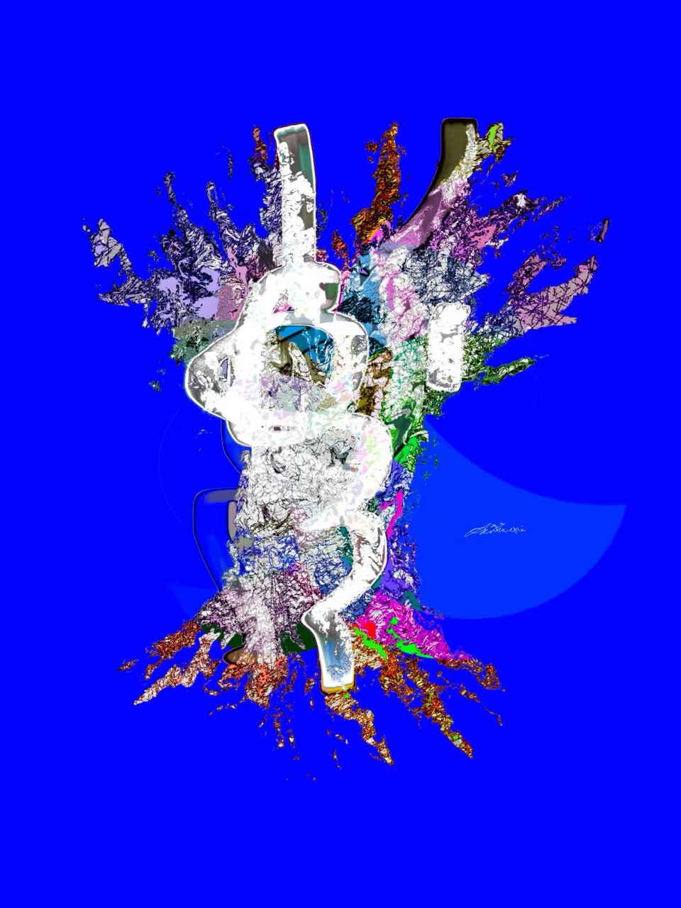 Blue Rupture, an upright white and multicoloured fractured tree on an ultramarine blue background